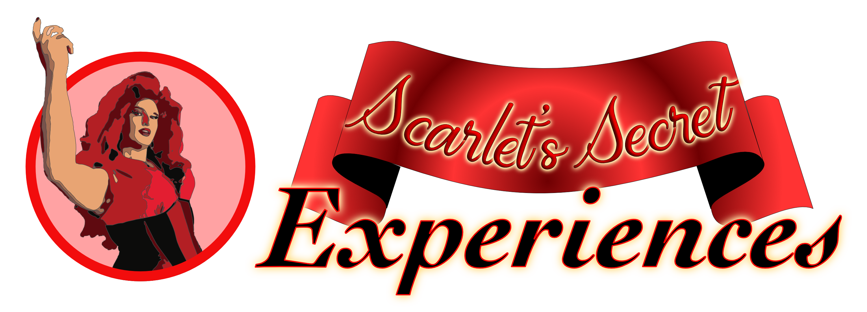 To the left, Cartoonized picture of Scarlet Diaz in red circle with pink background. To the right, red banner with "Scarlet's Secret" text overtop of the word "Experiences" all in cursive like font.
