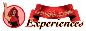 To the left, Cartoonized picture of Scarlet Diaz in red circle with pink background. To the right, red banner with "Scarlet's Secret" text overtop of the word "Experiences" all in cursive like font. To the left, Cartoonized picture of Scarlet Diaz in red circle with pink background. To the right, red banner with "Scarlet's Secret" text overtop of the word "Experiences" all in cursive like font.